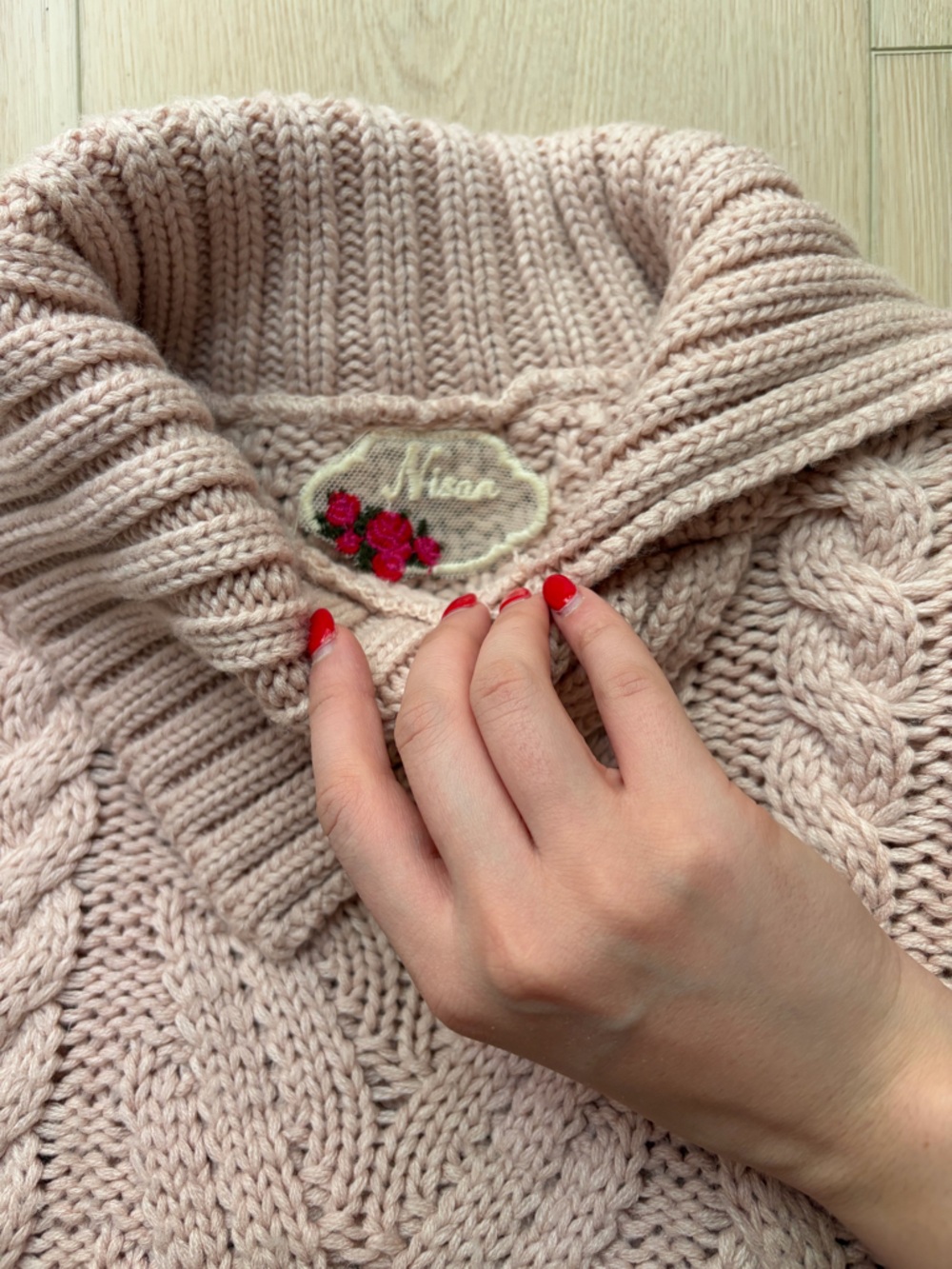 Women’s Cable Knit Mock Neck Sweater - Blush Pink - Picture 4 of 5